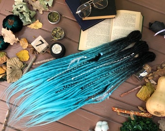 Hair extensions set of natural look synthetic dreads custom dreadlocks black light blue sky aqua hair