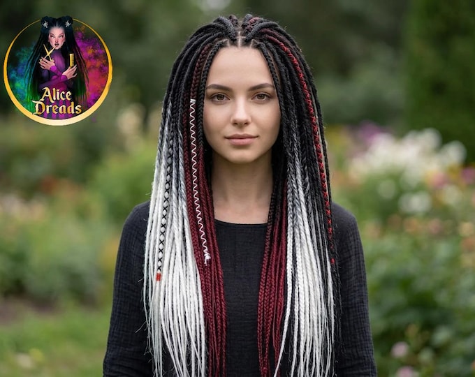 Black to Burgundy White Ombre Synthetic Dreads: dark red vine Double Single Dreadlock Extensions