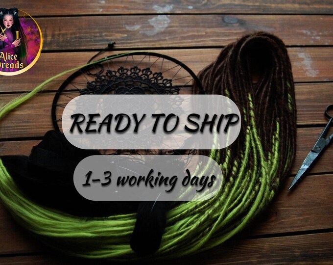 10 DE Dark Brown to Lime Green Synthetic Dreads: Double Ended Thin Hair Extensions