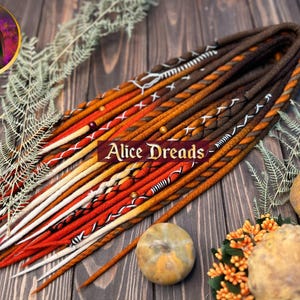 Set of Wool Dread Extensions &quot;Autumn fall&quot; Bohemian Dreads Halloween dreadlocks for costume brown orange pumpkin with twists wrapped accents