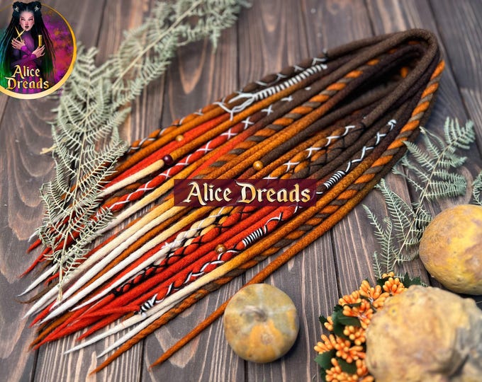 Wool Dread Extensions "Autumn fall":  Bohemian Dreads rown orange pumpkin with twists, Accents