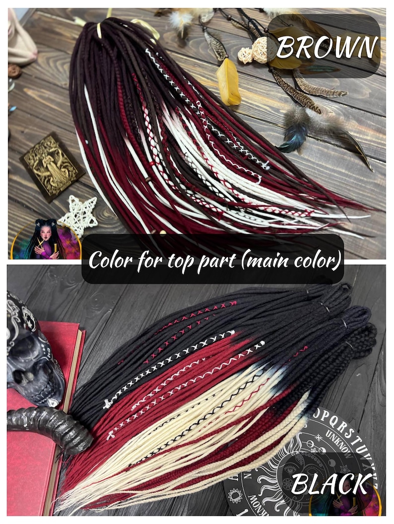 May include: A set of synthetic dreadlocks featuring two color variations. The top section displays a brown, burgundy, and white gradient with decorative wraps. The bottom section shows a black, burgundy, and cream gradient with cross-stitching.