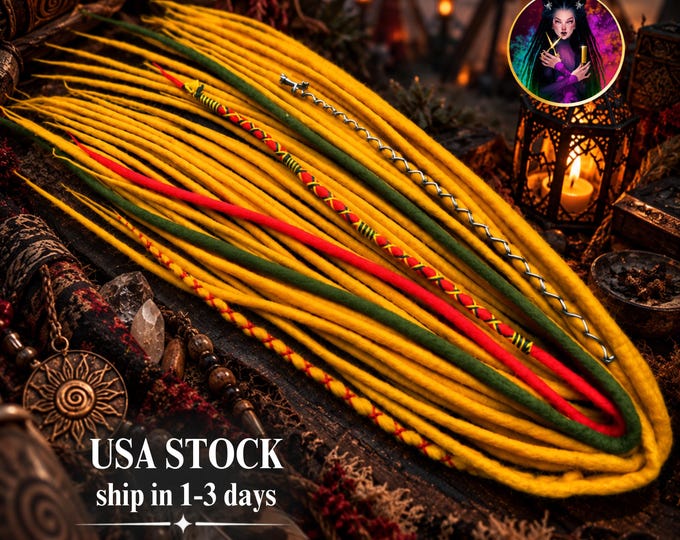AliceDreads Dark Yellow, Red and Olive Green Festival Wool Dreads, 30 DE Dreadlocks