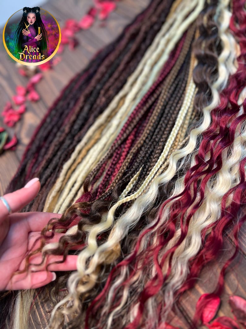 May include: A variety of synthetic hair extensions in different colors and textures, including straight, wavy, and curly. The colors include burgundy, blonde, and brown.