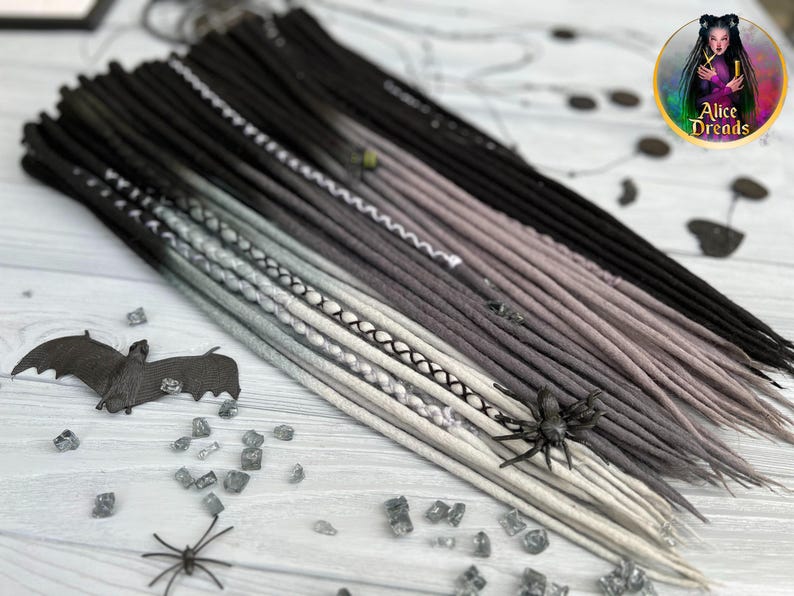 Wool dreads in shades of gray and black ombre dreadlocks with wrapped accents image 3