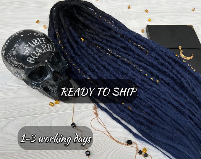 20 DE Black to Navy Blue Crochet Synthetic Dreads Set, Gold Accents, Loose ends