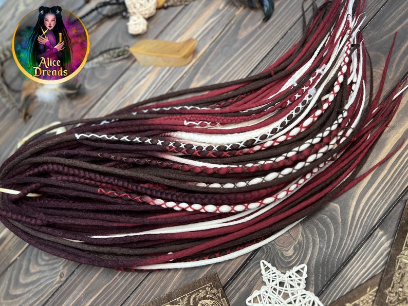 Wool Dreads Extensions: Brown Burgundy White Ombre Braids with wrapped accents image 7