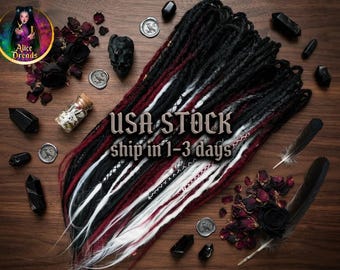 60 SE Crochet Synthetic Dreads: Ombre Black, White & Burgundy Full Set Hair Extensions