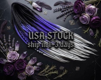 10 DE Violet Wool Dreadlock Extensions: Black Purple Silver Gray Dreads (45-50 cm)