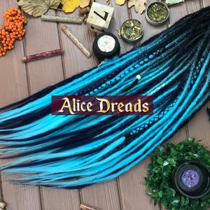 Set of natural look synthetic dreads DE dreadlock extensions accent custom dreadlocks black navy blue light blue baby blue sky aqua