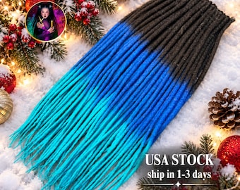 Black to Bright Blue Wool Dreads, 65 Single Ended Felted Dreadlock Extensions