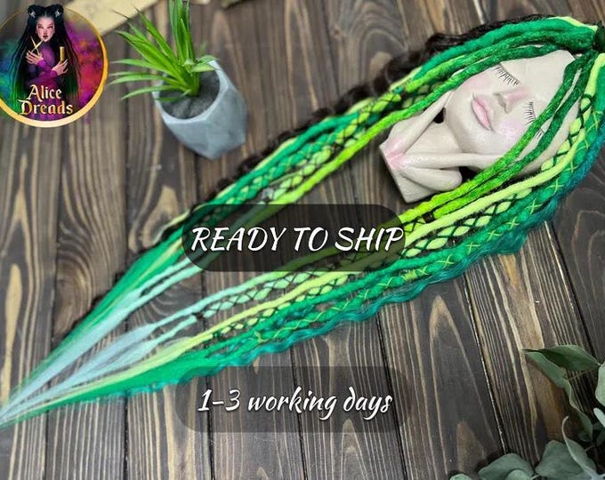Ombre Green Synthetic Dreadlock Extensions, Braided Clip-in Dreads, Festival Hair Boho Style