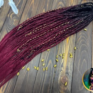 Crochet Synthetic Double Ended Dreads: Black to Burgundy Ombre with Gold accents image 2