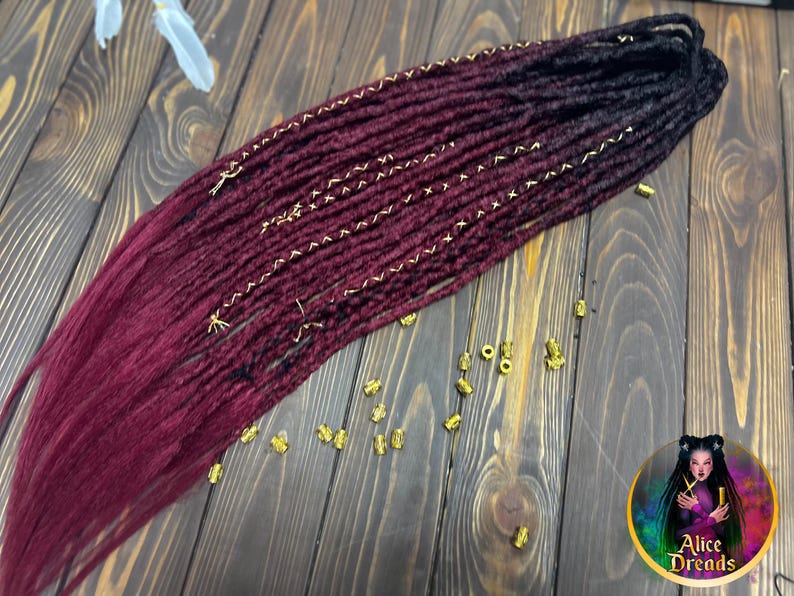 Crochet Synthetic Double Ended Dreads: Black to Burgundy Ombre with Gold accents image 2