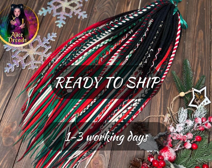 Christmas Wool Dreadlocks: Ombre Black to Red, Green, Burgundy (50 DE, 55-60cm)