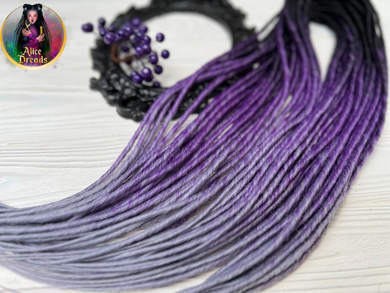 Set of thin synthetic dreads black to purple to light grey gray twisted hair extensions image 6