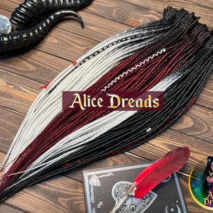 Extensões de dreadlocks sintéticos, preto para branco e preto para bordô, dreadlocks com pontas duplas e simples, com detalhes enrolados