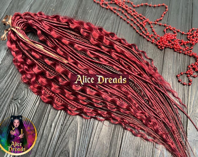 Burgundy Curly Dreads: Wavy Double Ended Braid Extensions,  red vine thin twisted dreadlocks