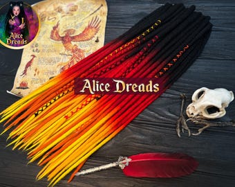 Wool Ombre Dreadlocks “Phoenix”: Black Red Yellow Orange Boho Dreads with Wrapped accents