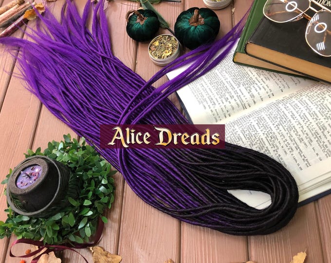 Thin Synthetic Double-Ended Dreads, DE Dreadlock Extensions in Black and Purple with Loose Ends