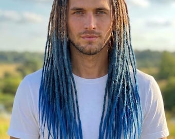 50 DE Synthetic Dreads Full Set, Brown to Blue Ombre Dreadlock Extensions