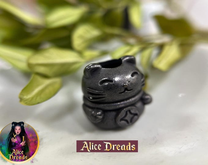 Maneki-neko Dreadlock Bead - Black Brass Lucky Cat Amulet