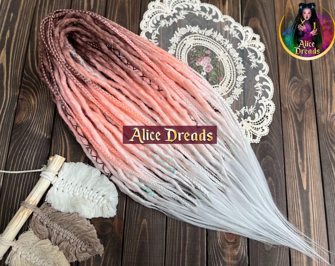 Crochet Synthetic Dreads: Brown to Peach white Ombre with Braids, criss cross pastel  accents