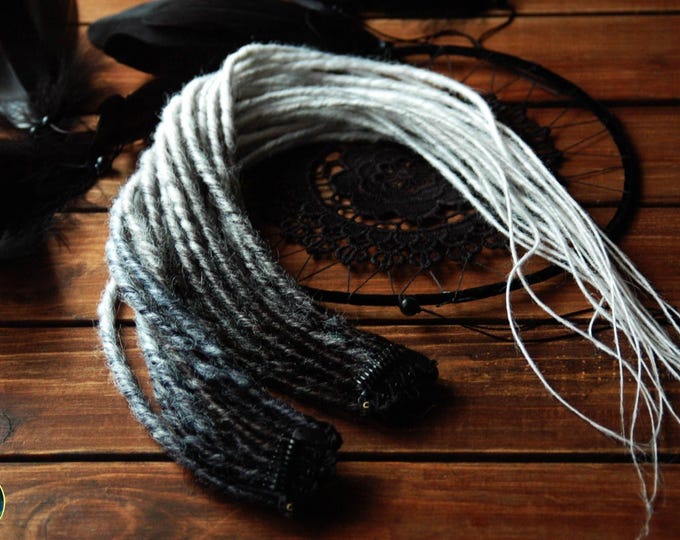 Black to White Ombre Dreads on Clip: Long Thin Twisted Synthetic Dreadlocks