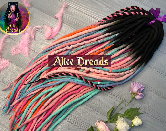 Pastel Ombre Wool Dreads: "Lollipop" Candy Twist Hair Extensions, baby pink, mint, blue, black
