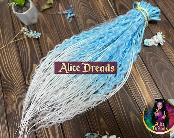 Aqua Blue to White Curly Dreads: Wavy Synthetic Hair Extensions twisted dreadlocks