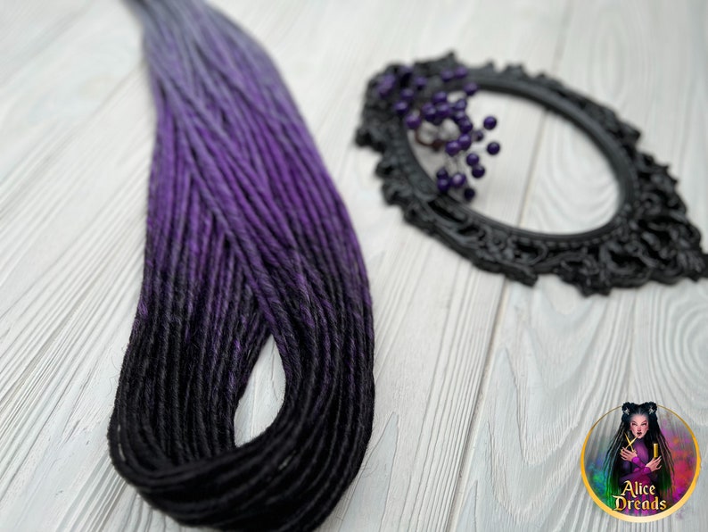 Set of thin synthetic dreads black to purple to light grey gray twisted hair extensions image 4