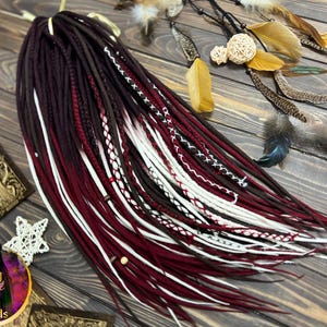 Wool Dreads Extensions: Brown Burgundy White Ombre Braids with wrapped accents image 2
