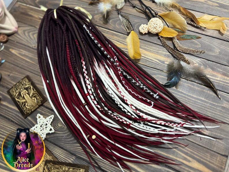 Wool Dreads Extensions: Brown Burgundy White Ombre Braids with wrapped accents image 2