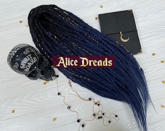 Black to Navy Blue Synthetic Crochet Dreads: Gold Accents, Double Single Ended