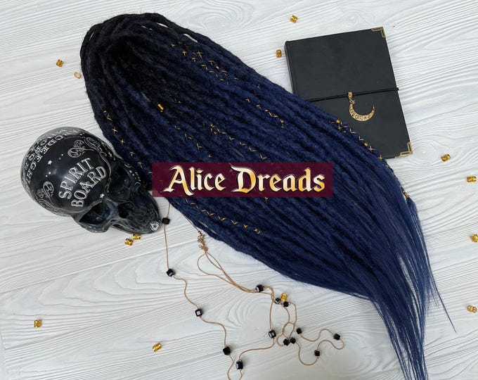 Black to Navy Blue Synthetic Crochet Dreads: Gold Accents, Double Single Ended