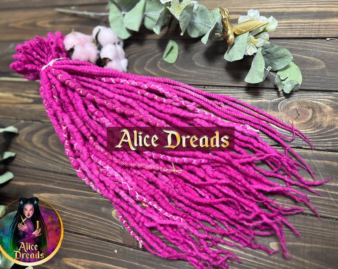 Curly Wool Dreads: Hot Pink, Gold Accents, Bright DE or SE luxury style locks