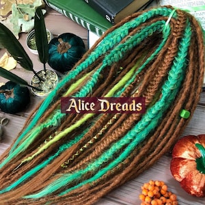 Set aus natürlich aussehenden synthetischen doppelendigen Dreads Mermaid Tail Zopf Akzent Dreads benutzerdefinierte Dreadlocks auburn grün Herbst Ingwer Halloween
