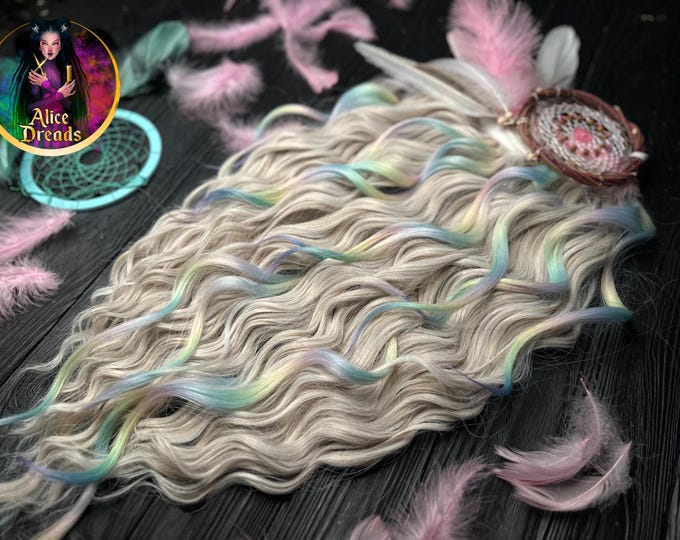 Platinum Blonde Curly Dreads: Wavy Synthetic Hair Extensions with Peacock Curls, Feather colors