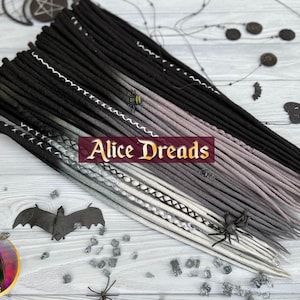 Wool dreads in shades of gray and black ombre dreadlocks with wrapped accents