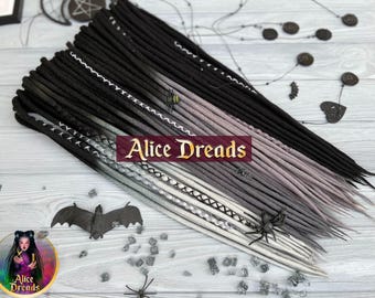Wool dreads in shades of gray and black ombre dreadlocks with wrapped accents