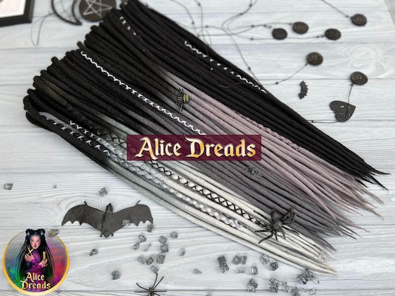 Wool dreads in shades of gray and black ombre dreadlocks with wrapped accents