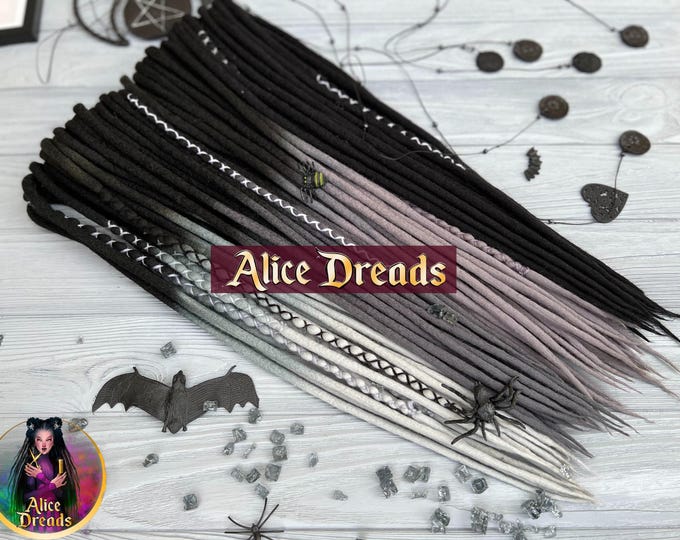 Wool dreads in shades of gray and black ombre dreadlocks with wrapped accents
