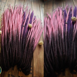 Pink full set of wool dreadlock extensions ombre double ended DE dreads dark brown pink
