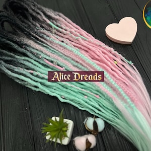 Alice Dreads Dreadlock extensions set of Black to Pink Mint ombre crochet made synthetic dreads Marshmallow braids with FREE random pendant