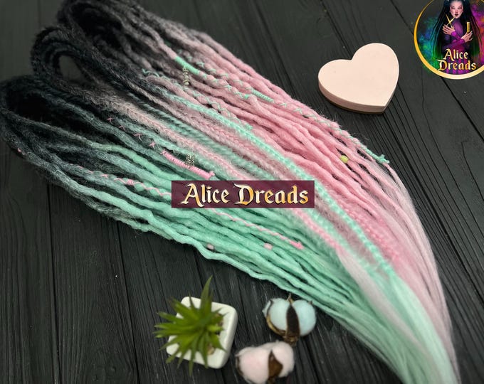 Black to Pink Mint Ombre Crochet Dreadlock Extensions with Pendant