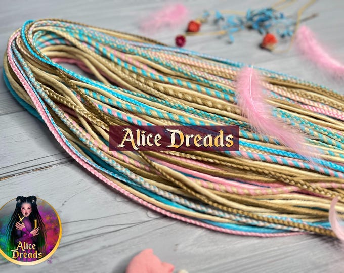 Synthetic Dreads "Pink dreams": Blonde, Blue, Caramel, Braided thin twisted hair extensions, twists, braids