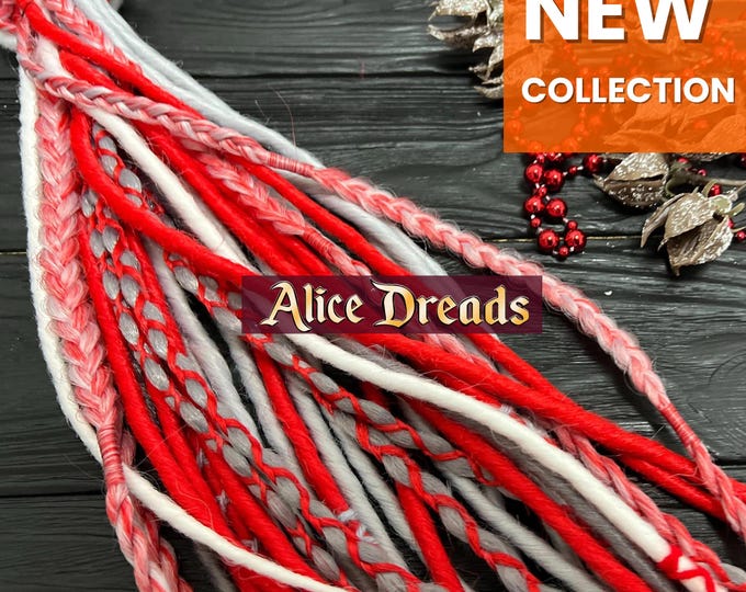 Dreadlock Extensions Set Grey, Red, White Braids and Twists, Thin Synthetic Dreads