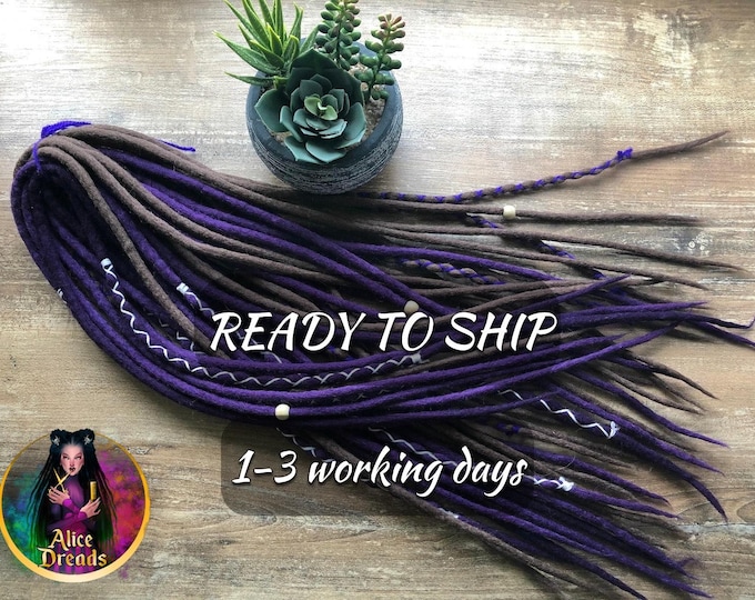 20 DE Wool Dreadlock Extensions: Dark Brown & Purple Double Ended Dreads (45-50 cm)