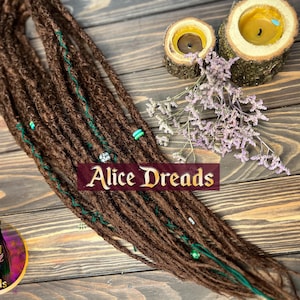 Crochet made boho chick dreads &quot;Tree&quot; medium brown synthetic natural look dreadlocks with green wrapped accents