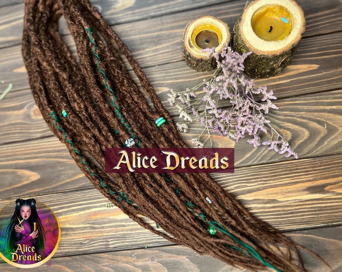 Crochet Boho Dreads "Tree" : Medium Brown Synthetic Hair with Green Accents